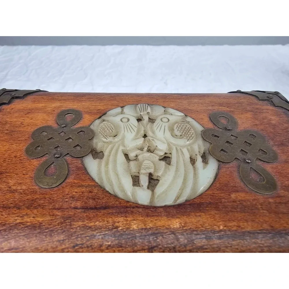 Vintage Wood Brass‎ Jade Jewelry Box Carved Jade Inlay Shanghai green Silk